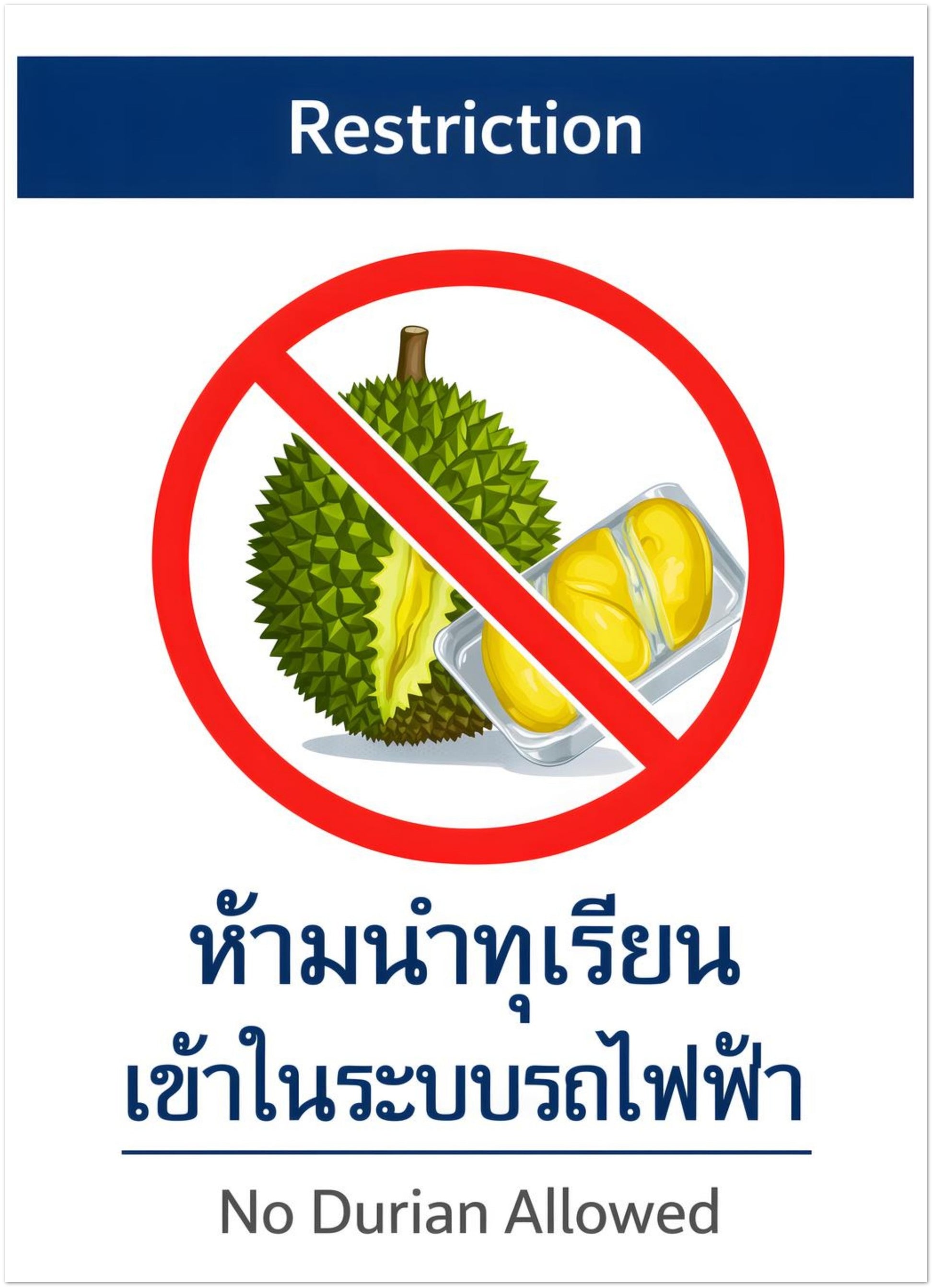 5x7 inch unframed No Durian Allowed mini poster inspired by Thai metro and BTS durian restriction signage. Displays bold red prohibition symbol over durian fruit with bilingual warning text. Compact Southeast Asian travel art print suitable for small frames, desks or kitchen decor accents.