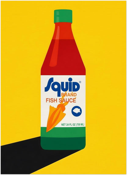 5x7 inch unframed Thai fish sauce poster featuring a stylised Squid Fish Sauce bottle centred on a bright yellow background. The print uses bold pop art colours, clean lines and a strong graphic shadow for a modern food art look. This small kitchen wall art print is ideal for gallery walls, pantry decor, Thai food lovers and colourful interiors wanting quirky Asian kitchen poster style.