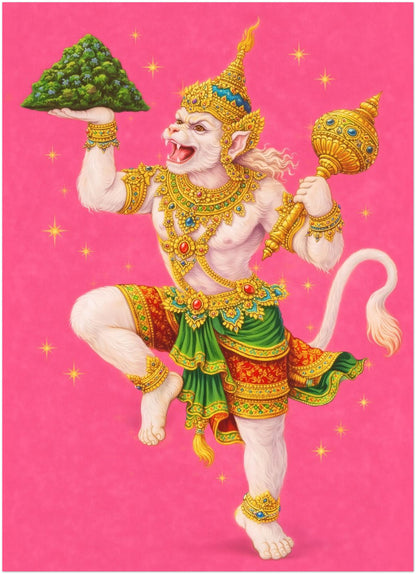 5x7 inch unframed Thai Hanuman Ramakien art print depicting the Hindu monkey god in traditional Thai costume with intricate gold accents. The vivid pink background creates bold contrast despite the compact size. A small spiritual mythology poster inspired by Southeast Asian Ramakien folklore and Hindu epic imagery.