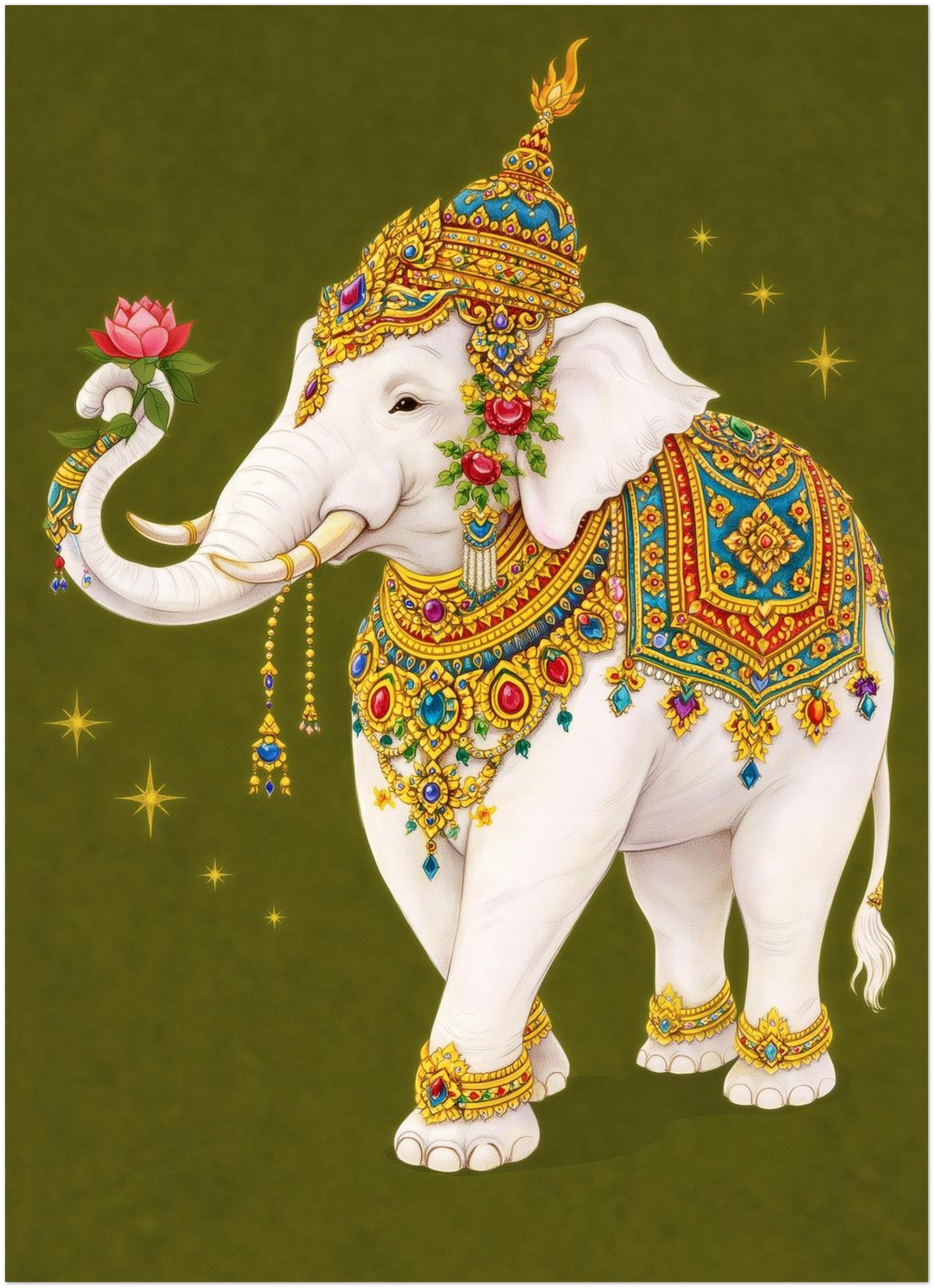 5x7 inch unframed Thai royal white elephant art print featuring a sacred white elephant dressed in intricate gold ceremonial regalia with red and turquoise patterned textiles. The elephant holds a pink lotus flower against an olive green background with small golden star accents. Compact vertical print highlighting Thai royal symbolism and decorative detail.