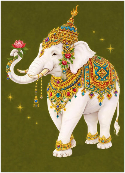 5x7 inch unframed Thai royal white elephant art print featuring a sacred white elephant dressed in intricate gold ceremonial regalia with red and turquoise patterned textiles. The elephant holds a pink lotus flower against an olive green background with small golden star accents. Compact vertical print highlighting Thai royal symbolism and decorative detail.