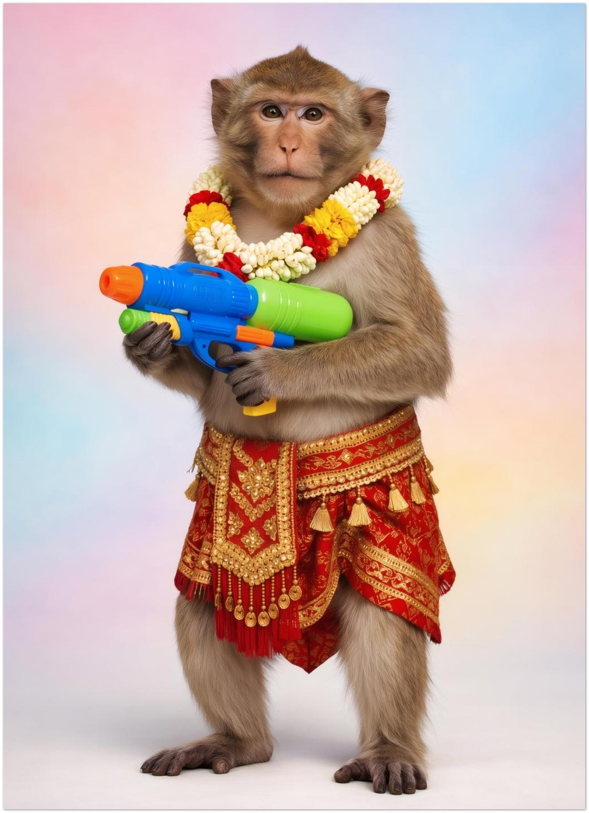 5x7 inch unframed Thai Songkran Monkey art print shown as a clean product image on a soft pastel background. The artwork features a monkey standing upright in a red and gold Thai outfit, wearing a flower garland and holding a bright blue, green and orange water gun. Small size monkey poster for Thailand wall art, Thai culture decor, Songkran art print and playful animal wall art collections.