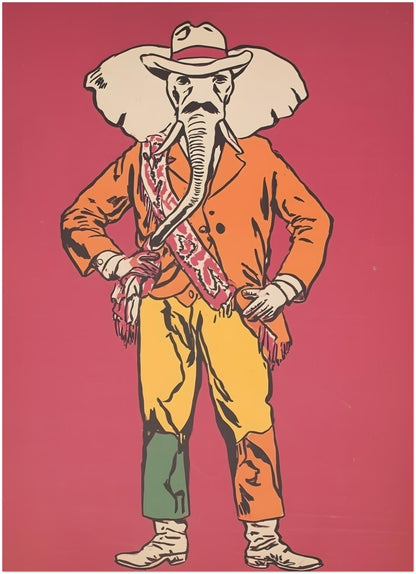 5x7 inch unframed Elephant Cowboy art print showing a playful elephant dressed in cowboy clothes on a deep red background. The character wears a cowboy hat, orange jacket, patterned sash, yellow trousers and boots. A compact western poster with Americana style, ideal for small wall spaces, shelf styling, gallery walls, home offices and funny animal wall art displays.