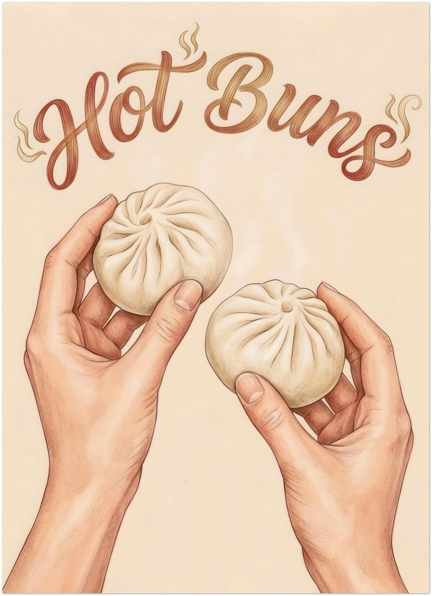 5x7 inch unframed Hot Buns art print showing two hands holding steamed bao buns beneath curved brown “Hot Buns” lettering on a soft beige background. The artwork has a simple hand drawn look with small steam lines and a light food pun feel. Styled as asian food wall art, kitchen food print, and funny kitchen decor, it suits small spaces, shelf styling, gallery walls, or compact dining room displays.