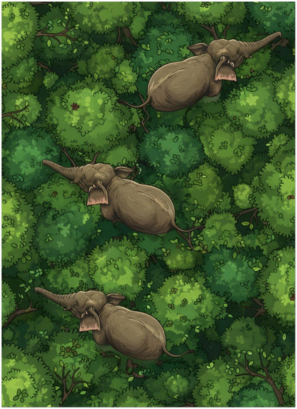 Small 5x7 inch unframed elephant wall art print showing three elephants walking in a line across dense green jungle canopy, viewed from above. Rounded treetops fill the full design with layered shades of green, while the elephants move diagonally through the forest. A detailed jungle elephant illustration suited to wildlife wall art, nature decor and travel-inspired interiors.