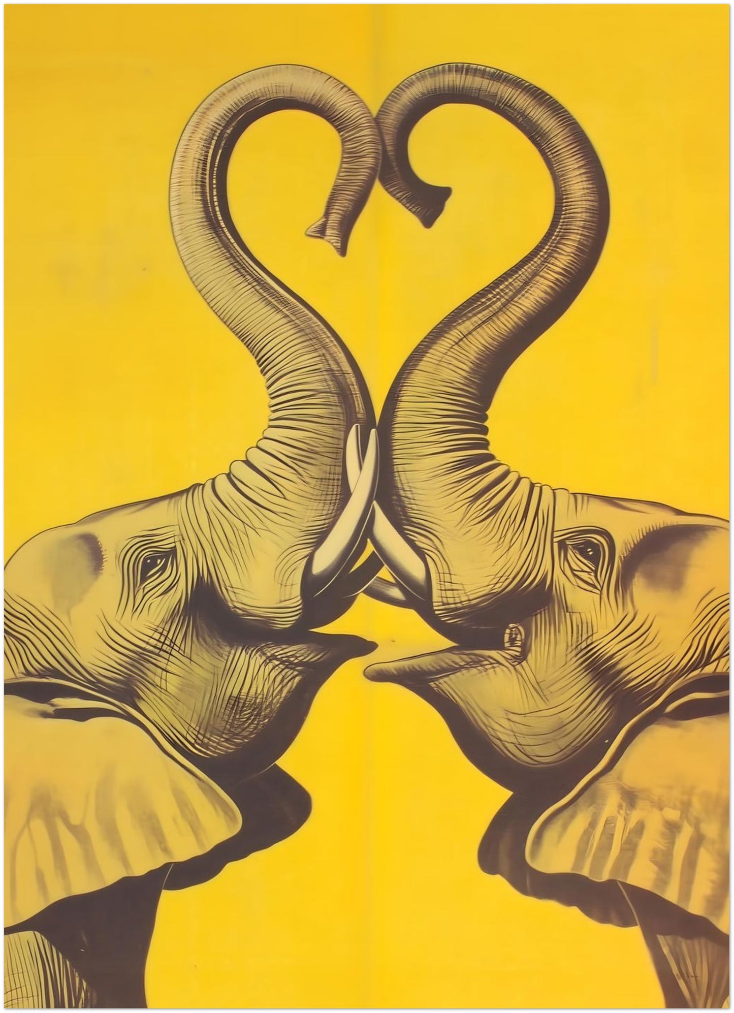 Small 5x7 unframed yellow elephant heart poster shown as a clean product preview on a plain white background. The artwork features two mirrored elephants facing inward, with raised trunks forming a heart shape in dark detailed linework over a bold yellow backdrop. Compact elephant wall art print suited to shelf styling, gallery walls, small spaces, gift listings, and modern animal wall decor searches.