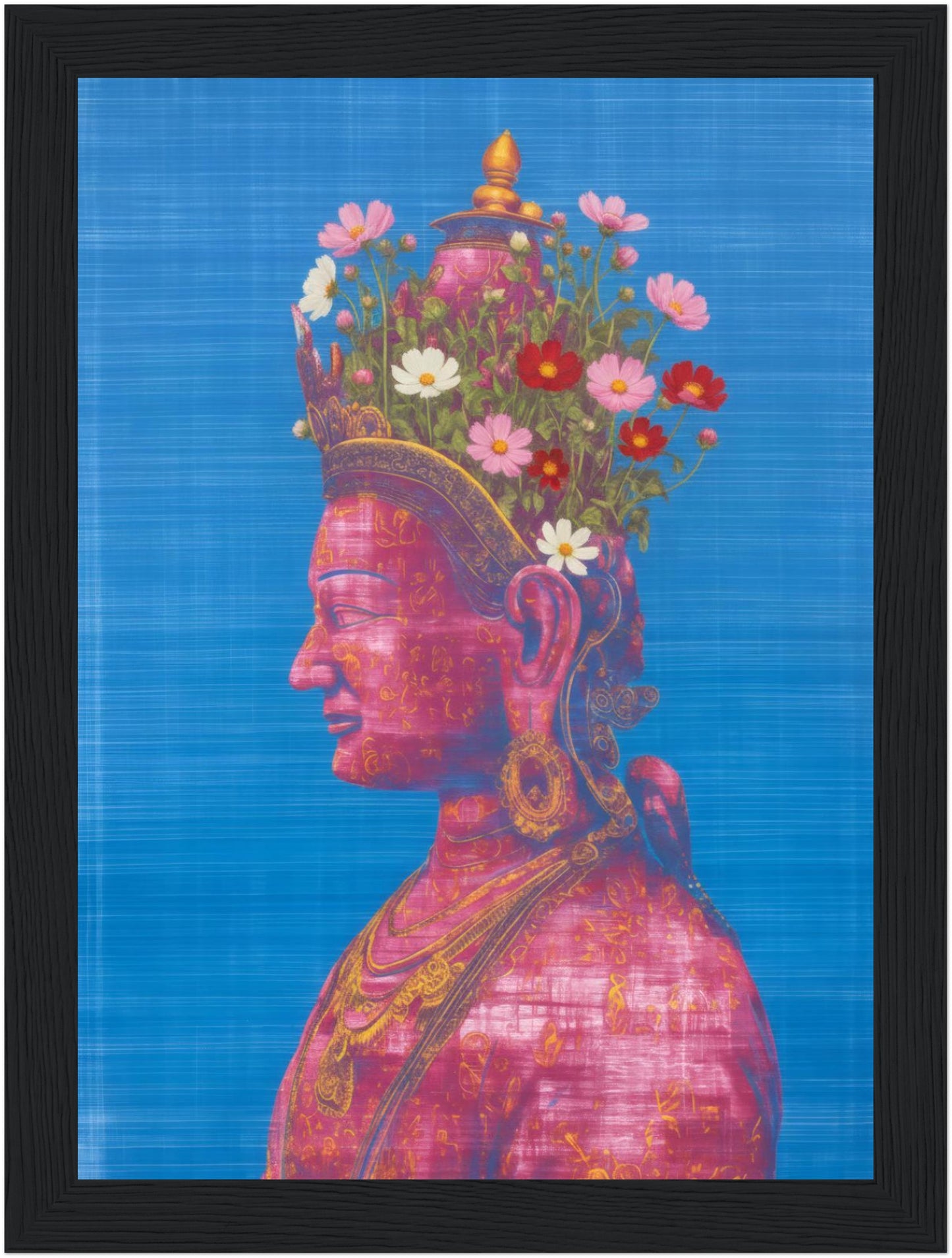 5x7 inch pink and green Tara Buddhist art print in a black wood frame, featuring a pink Tara portrait with floral crown.