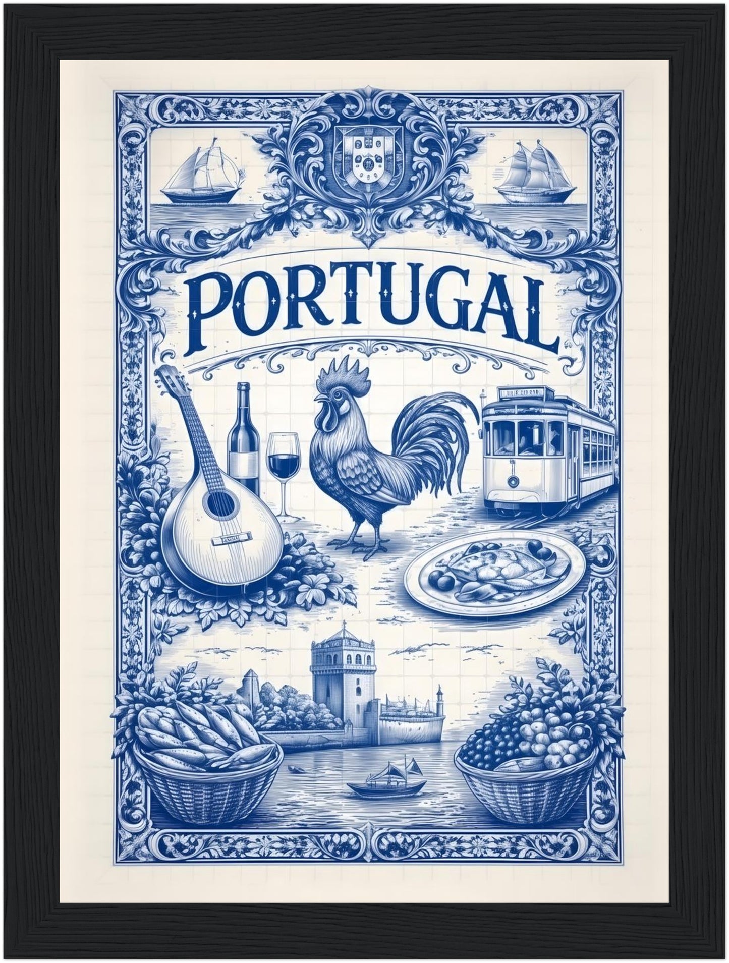 5x7 inch framed Portuguese culture art print in a black wood frame, showcasing blue azulejo symbolism.