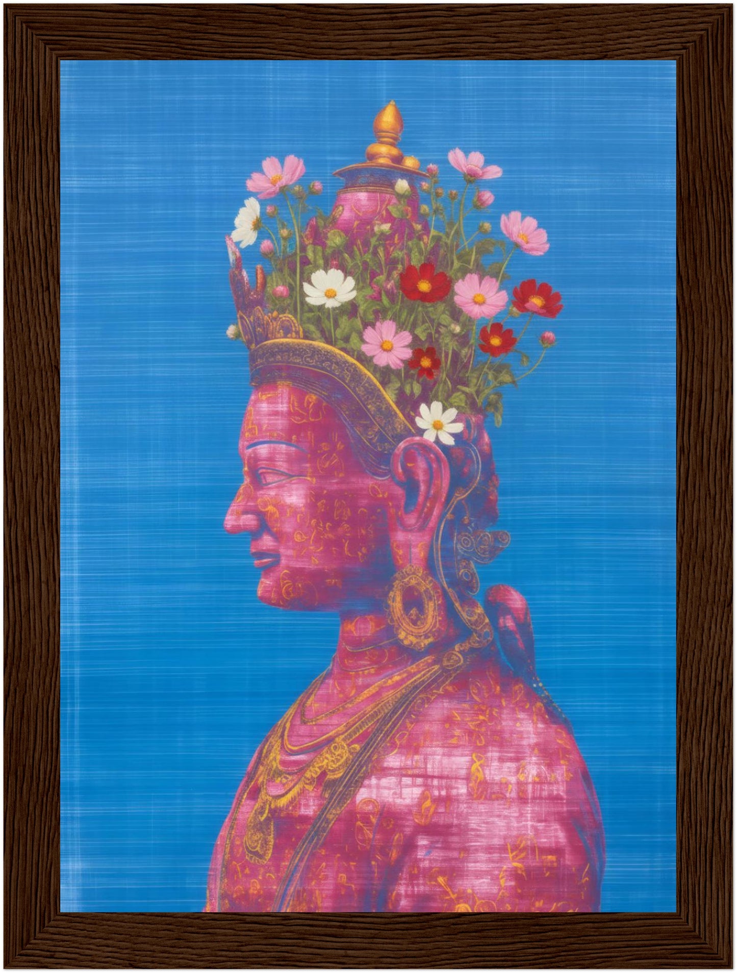 5x7 inch pink and green Tara Buddhist art print in a dark wood frame, depicting a pink Tara figure in profile.