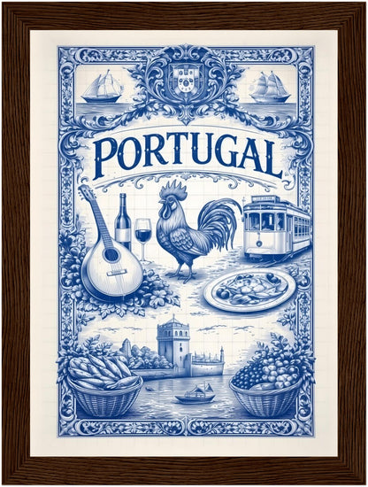5x7 inch framed portugal azulejo poster in a dark wood frame, featuring traditional Portuguese tile design.