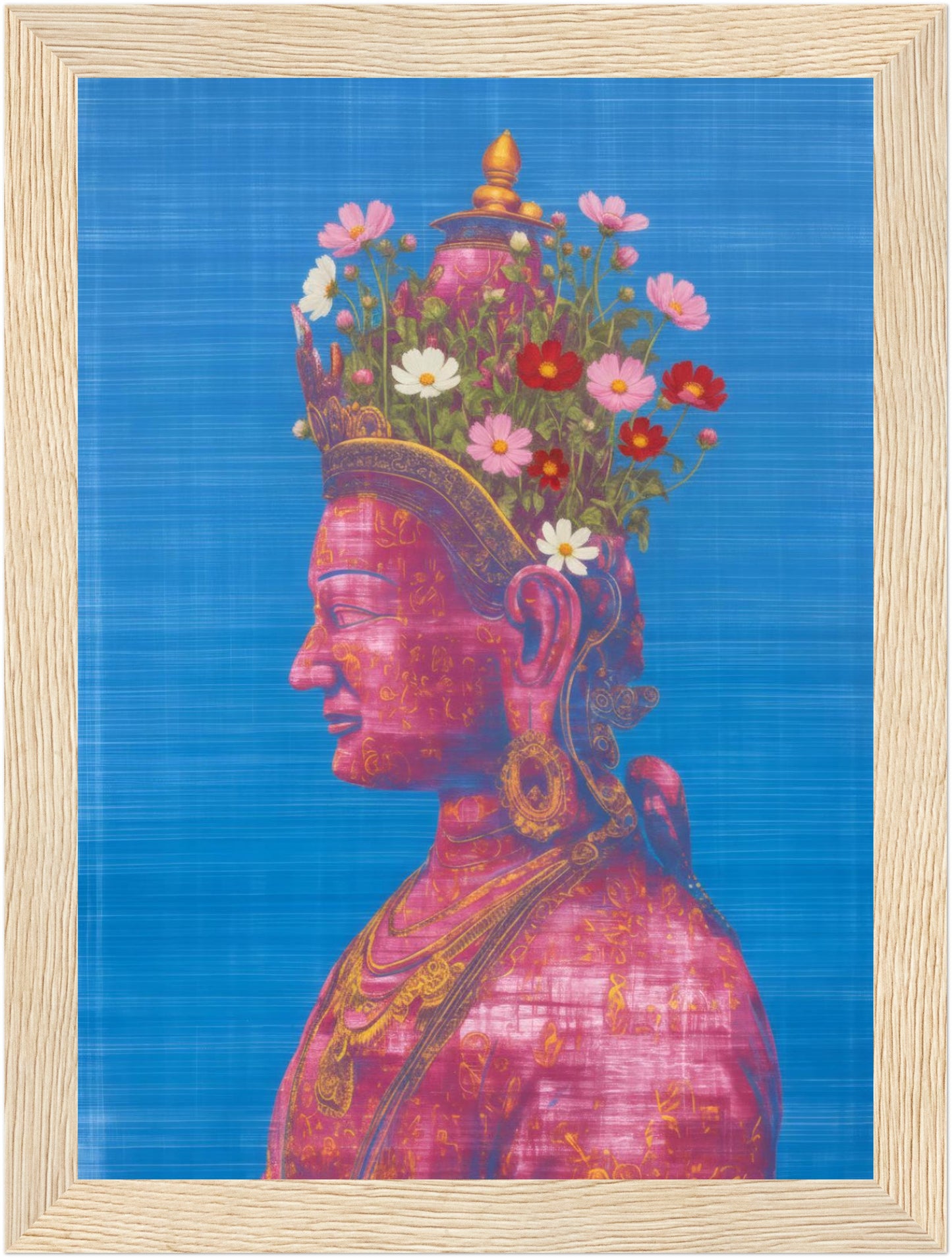 5x7 inch pink and green Tara Buddhist art print in a natural wood frame, showing a pink Tara Buddhist profile.