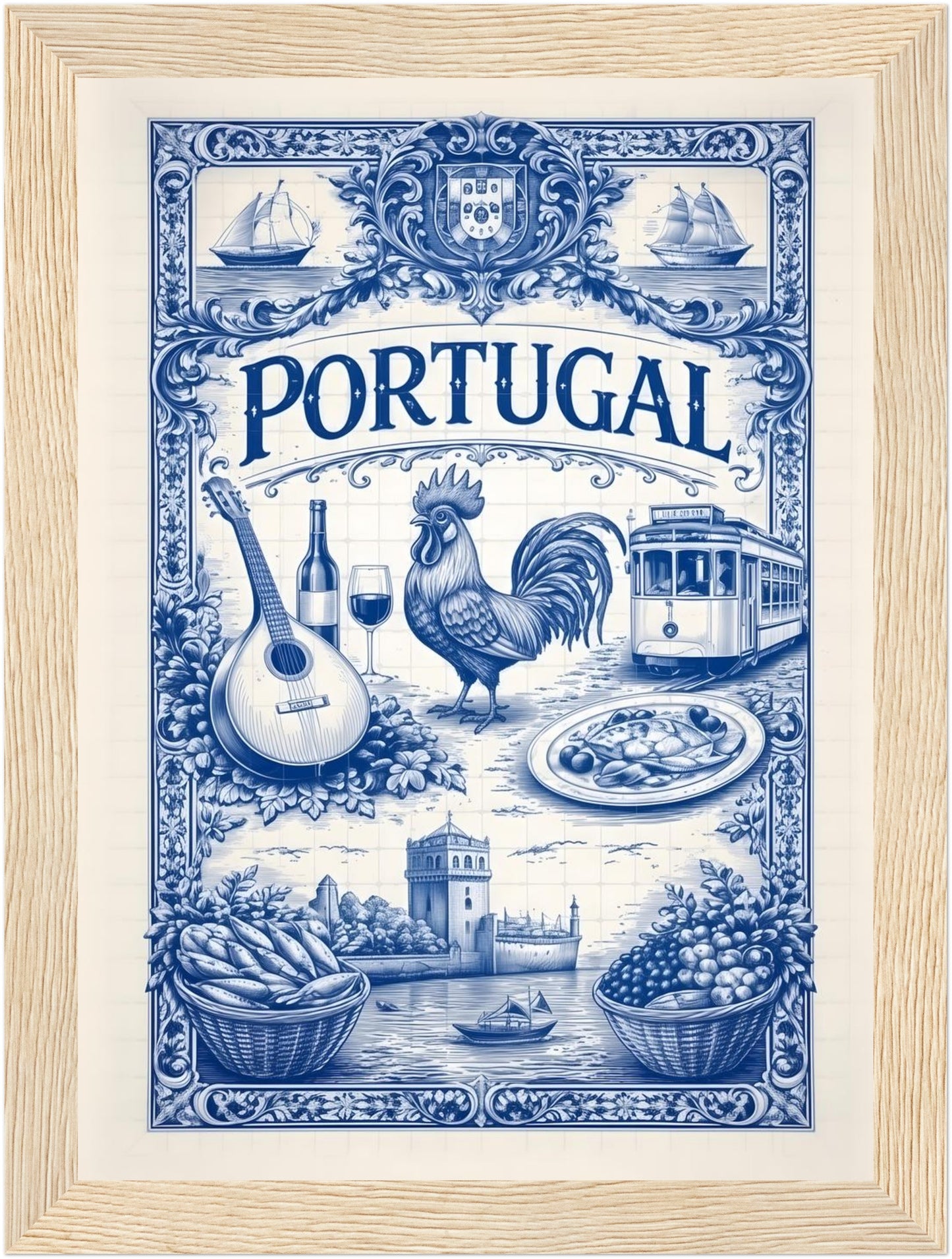 5x7 inch framed portuguese tile art poster in a natural wood frame, celebrating Portugal traditions.