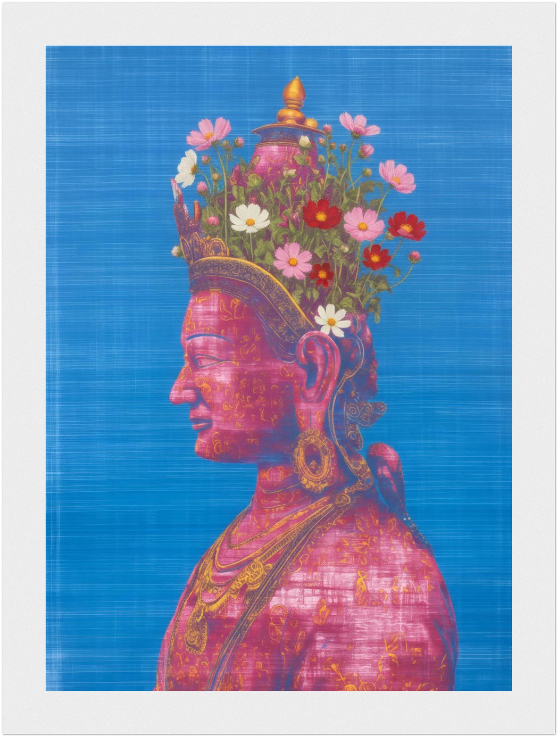 5x7 inch pink and green Tara Buddhist art print in a white wood frame, featuring a pink Tara side-profile figure.
