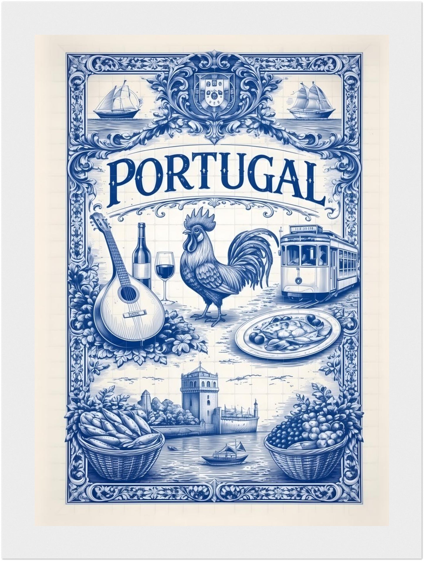 5x7 inch framed Portugal art poster in a white wood frame, displaying blue azulejo tile artwork inspired by Portuguese culture.