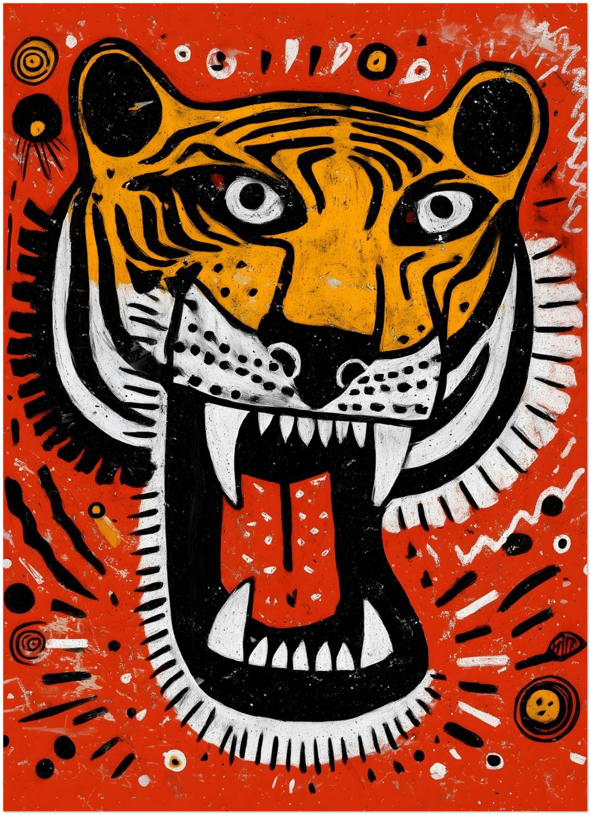 5x7 inch unframed Roaring Malayan Tiger mini art print with bold orange background and aggressive tiger face illustration. Sharp white teeth, red tongue and high contrast black and white stripes are framed by dotted tribal motifs. A small scale Malaysian wildlife poster ideal for shelves or desk decor.