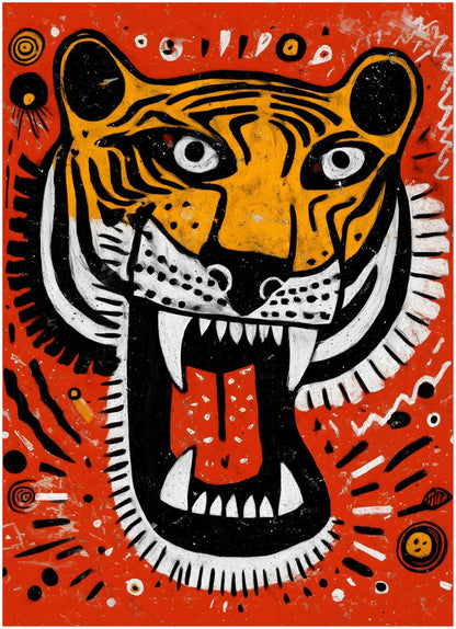 5x7 inch unframed Roaring Malayan Tiger mini art print with bold orange background and aggressive tiger face illustration. Sharp white teeth, red tongue and high contrast black and white stripes are framed by dotted tribal motifs. A small scale Malaysian wildlife poster ideal for shelves or desk decor.