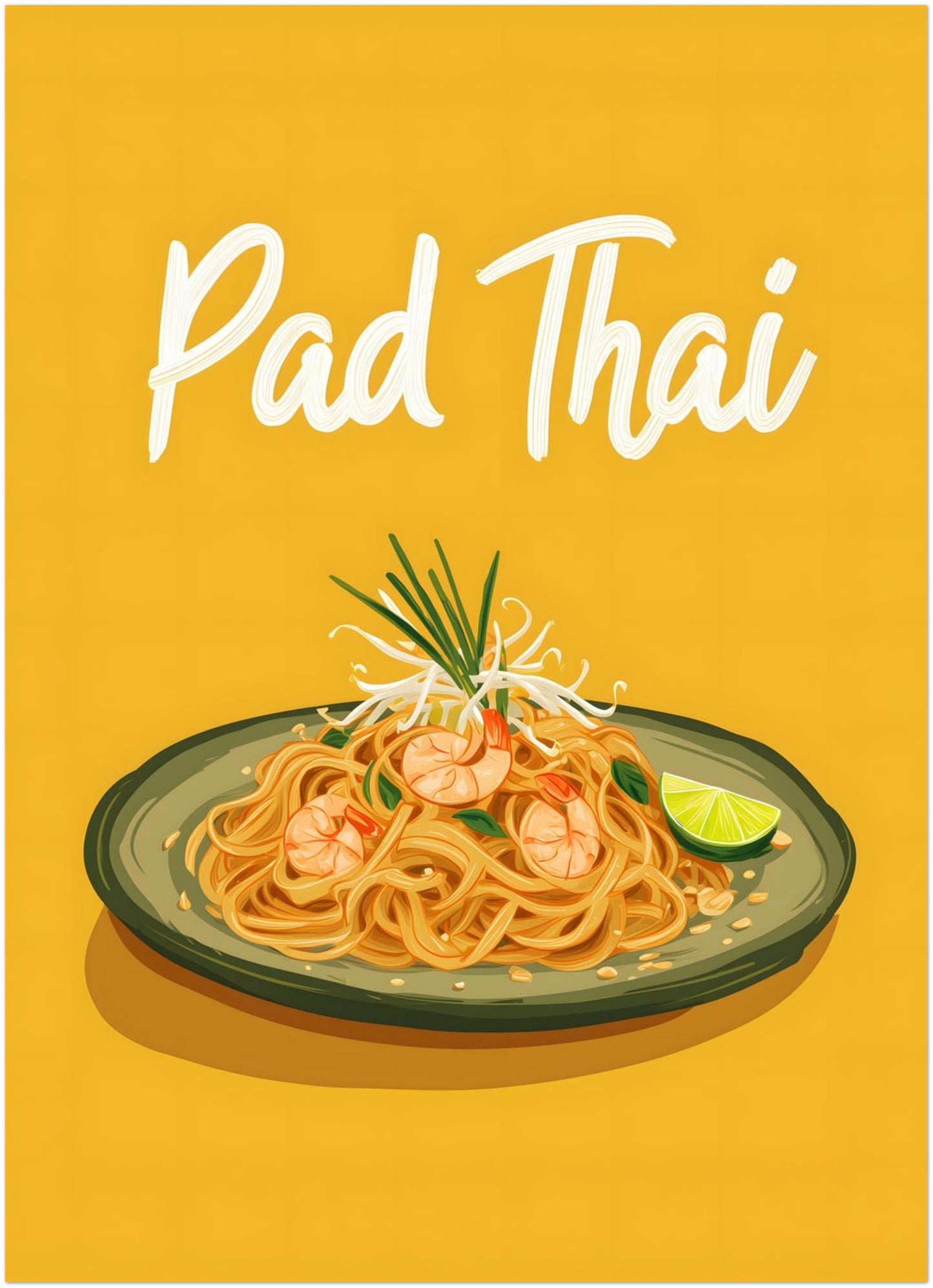 5x7 inch unframed Pad Thai illustrated art print on a white background featuring Thai street food