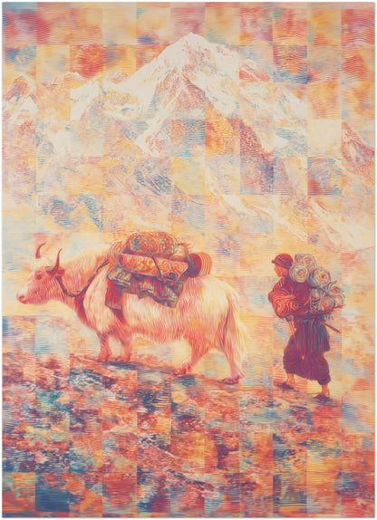5x7 inch unframed Mount Everest poster featuring a Tibetan yak and traveler in a surreal Himalayan scene. Mini psychedelic travel art print rooted in Tibet and Nepal mountain traditions.