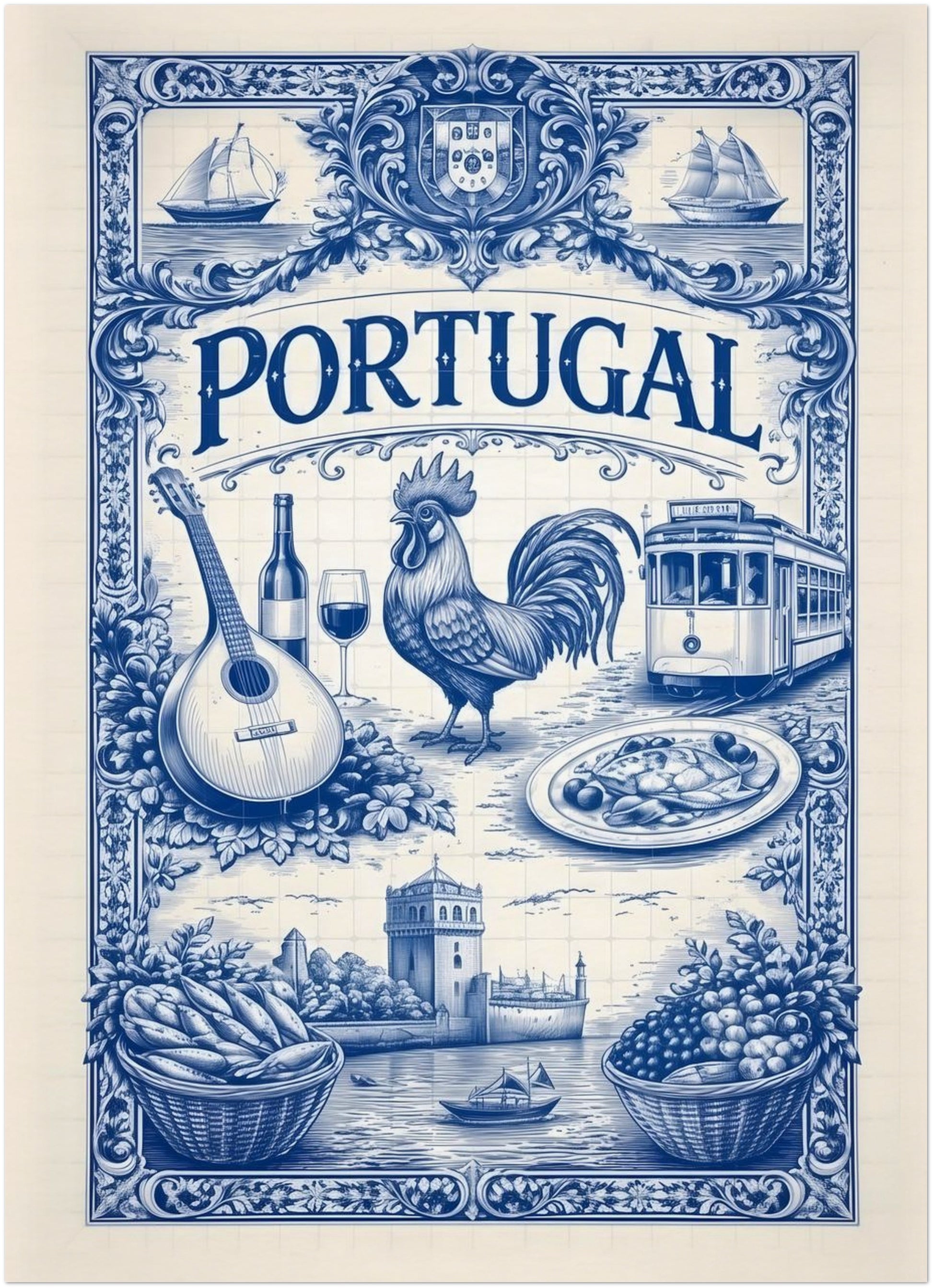5x7 inch unframed Portugal art poster featuring a blue azulejo tile illustration with Portuguese cultural symbols including a rooster, guitar, wine bottle, tram, seafood dish, sailing ships, and coastal architecture in a decorative tile layout.