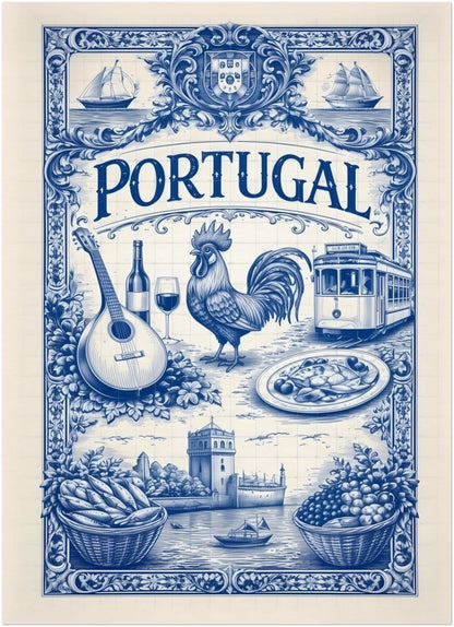 5x7 inch unframed Portugal art poster featuring a blue azulejo tile illustration with Portuguese cultural symbols including a rooster, guitar, wine bottle, tram, seafood dish, sailing ships, and coastal architecture in a decorative tile layout.