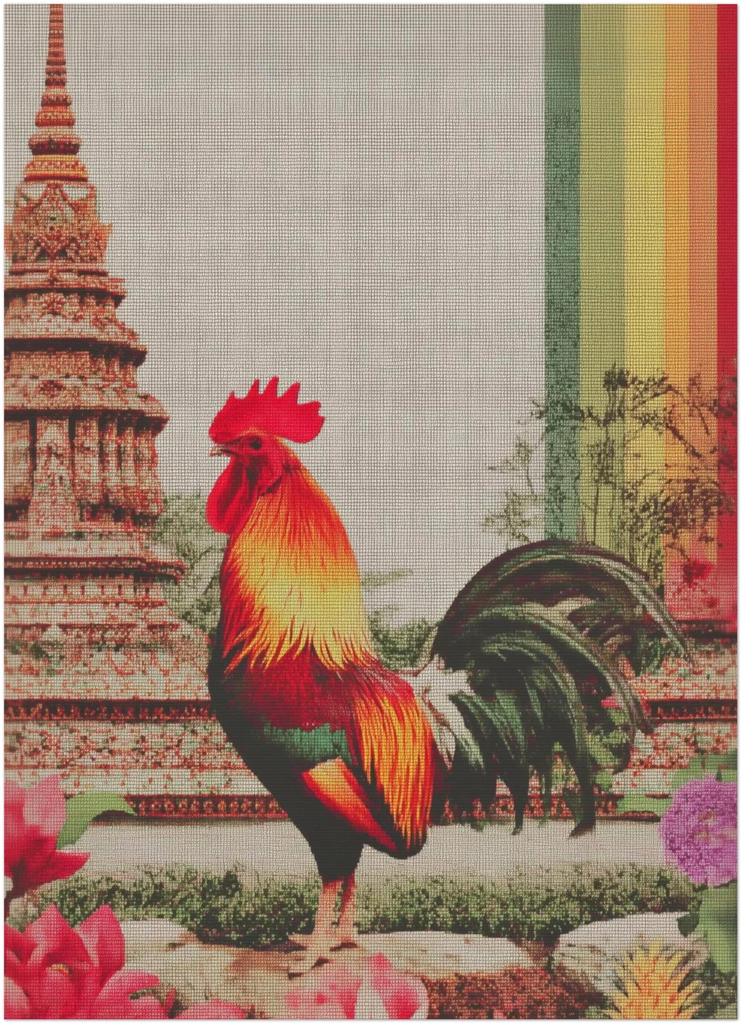 Unframed 5x7 inch Thai rooster art print showing a vivid red, gold and green rooster standing in front of traditional temple architecture inspired by Wat Arun in Bangkok. The print displays clear canvas-style texture, subtle floral details at the base, and a bold vertical multicolour rainbow stripe along the right edge. A compact cultural art piece suitable for small frames, desks, bedside tables or gallery wall sets featuring symbolic animal art and Thai heritage decor.