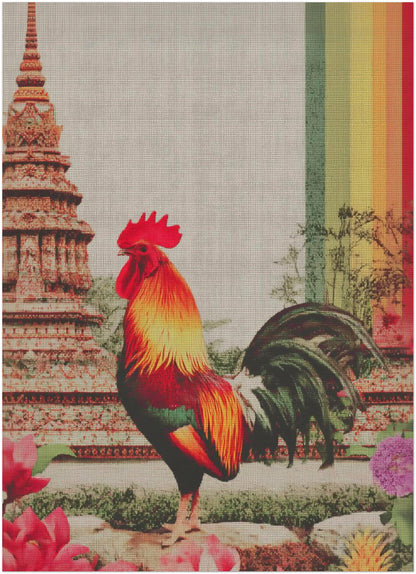 Unframed 5x7 inch Thai rooster art print showing a vivid red, gold and green rooster standing in front of traditional temple architecture inspired by Wat Arun in Bangkok. The print displays clear canvas-style texture, subtle floral details at the base, and a bold vertical multicolour rainbow stripe along the right edge. A compact cultural art piece suitable for small frames, desks, bedside tables or gallery wall sets featuring symbolic animal art and Thai heritage decor.