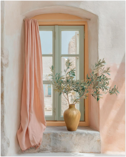 8×10 inch version of the pastel window-scene artwork shown on a clean background, clearly displaying how the composition crops around the curtains, window light and vase for accurate size reference.