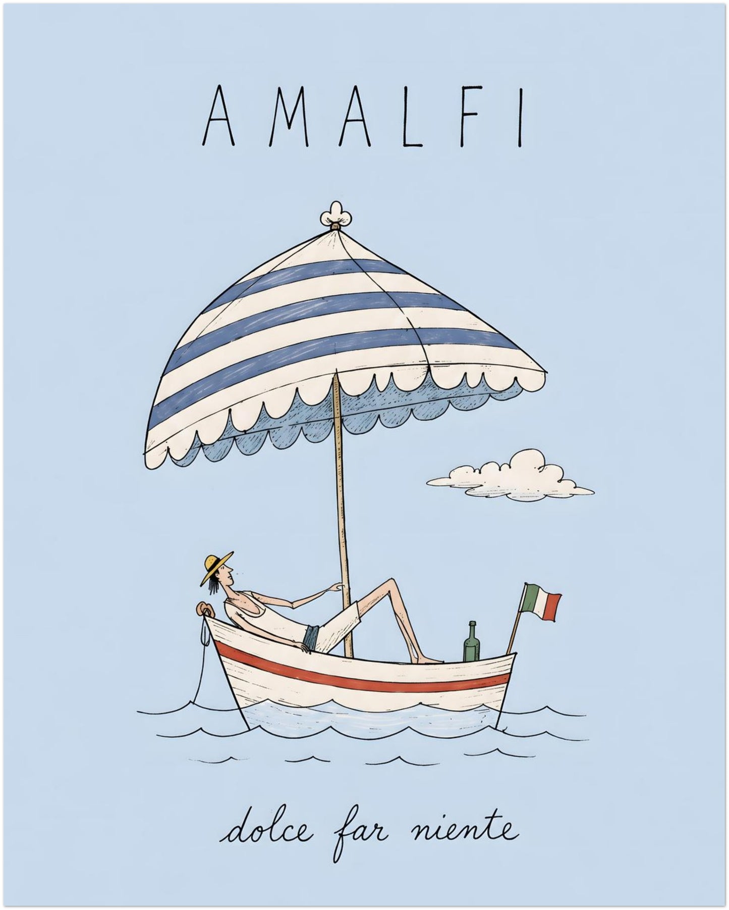 8x10 inch unframed Amalfi travel poster featuring a reclining figure in a small boat beneath a striped parasol, with a pale blue background, Italian flag and handwritten dolce far niente text.