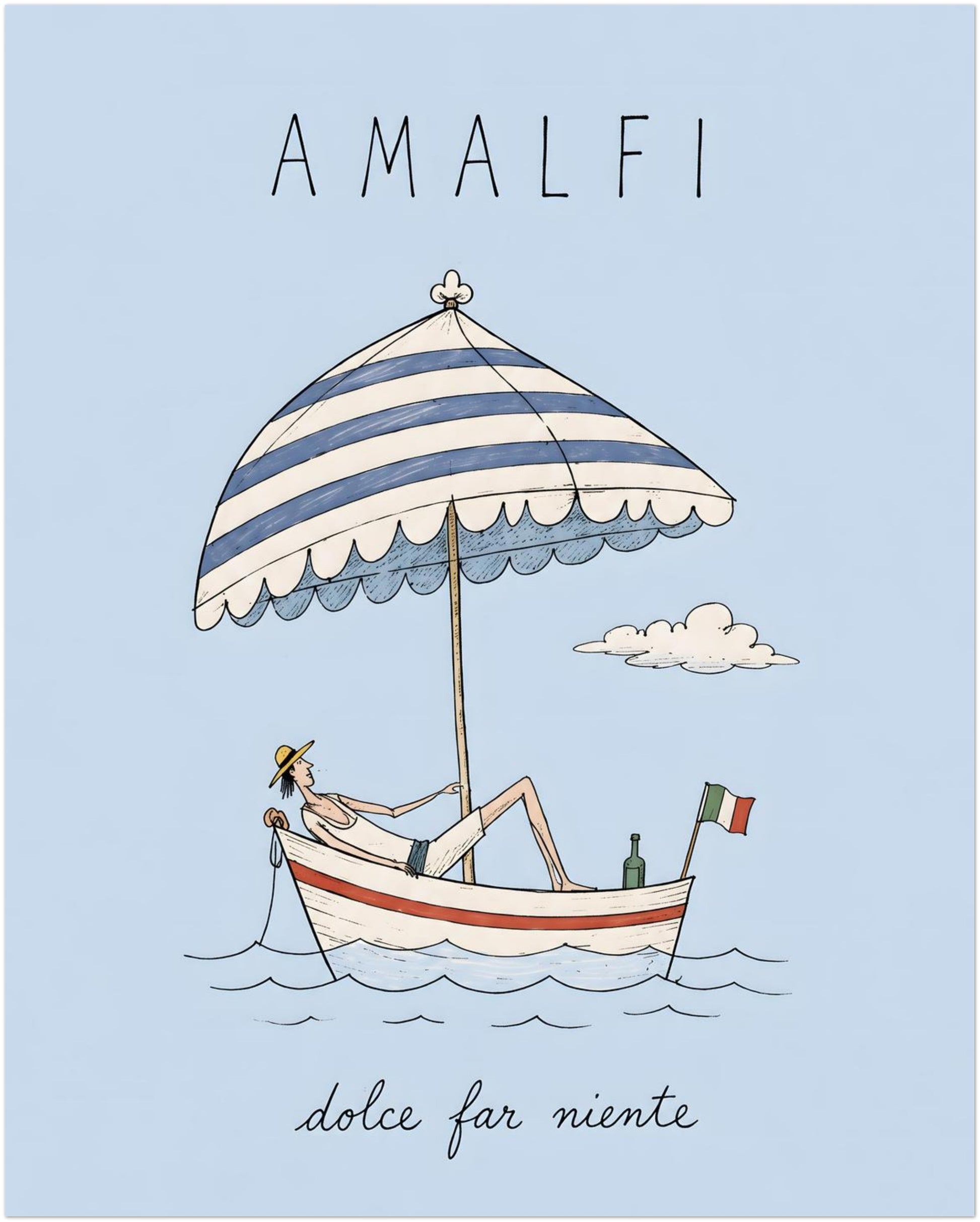 8x10 inch unframed Amalfi travel poster featuring a reclining figure in a small boat beneath a striped parasol, with a pale blue background, Italian flag and handwritten dolce far niente text.