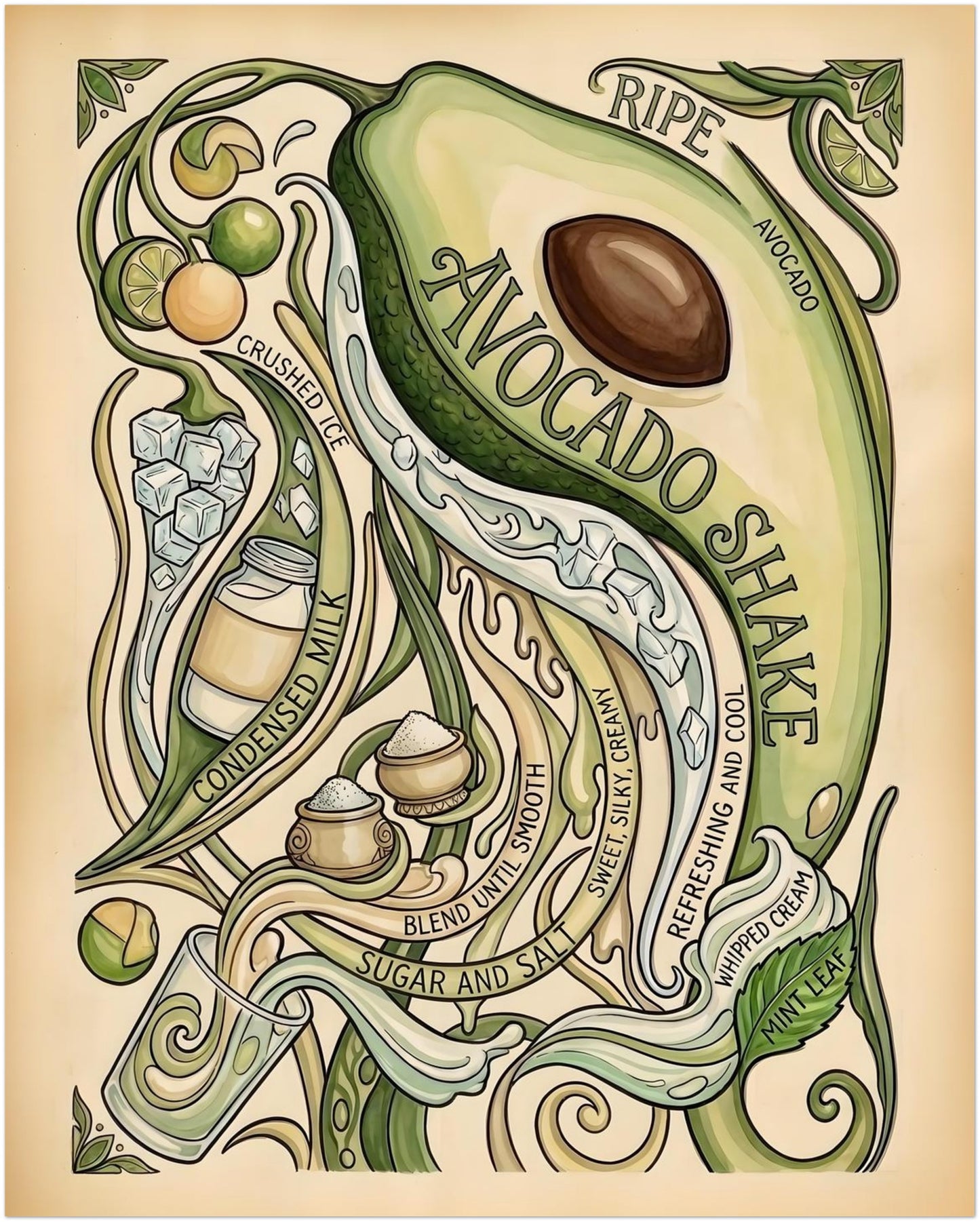 8x10 inch unframed avocado shake recipe poster featuring a vintage botanical illustration of a large sliced avocado with seed, curling vines, small round fruit, and flowing hand-drawn text. The design uses soft green, cream and brown tones, giving it a calm food art look suited to kitchen wall art, café decor and fruit-themed gallery walls.