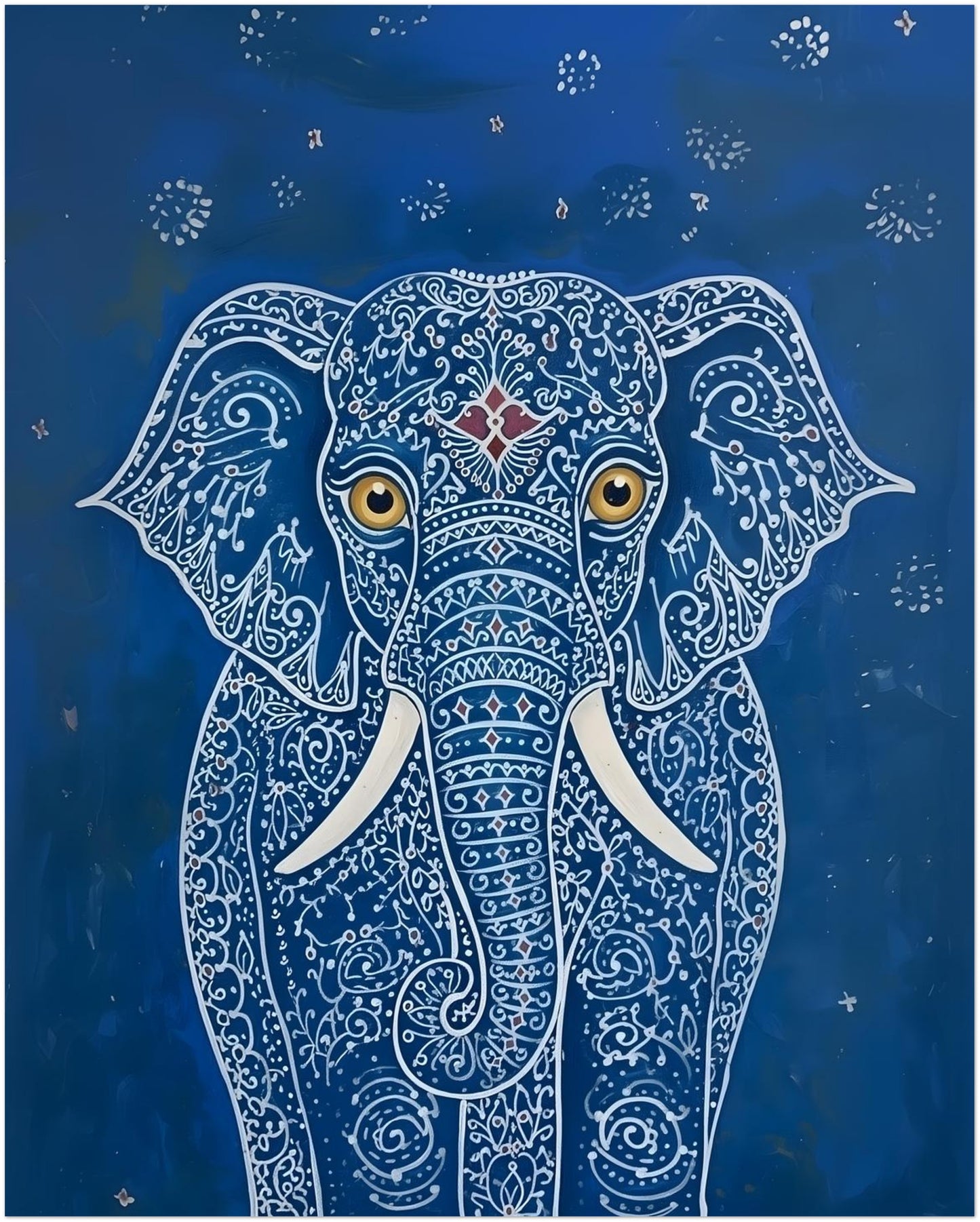 Thumbnail image of the 8x10 unframed Blue Indian Elephant Poster. The design features a centred elephant with detailed white decorative linework, large gold eyes, white tusks and a rich blue background with dotted accents. A versatile elephant art print for bedroom wall decor, shelf styling, home office spaces or gallery wall layouts with Indian-inspired animal artwork.