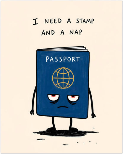 Unframed 8x10 inch funny travel poster with a sleepy blue passport character, red tired eyes, small arms and legs, and the hand-written quote “I need a stamp and a nap”. A simple passport print for travel lovers, airport humour, backpacker gifts, office wall art and quirky travel decor.