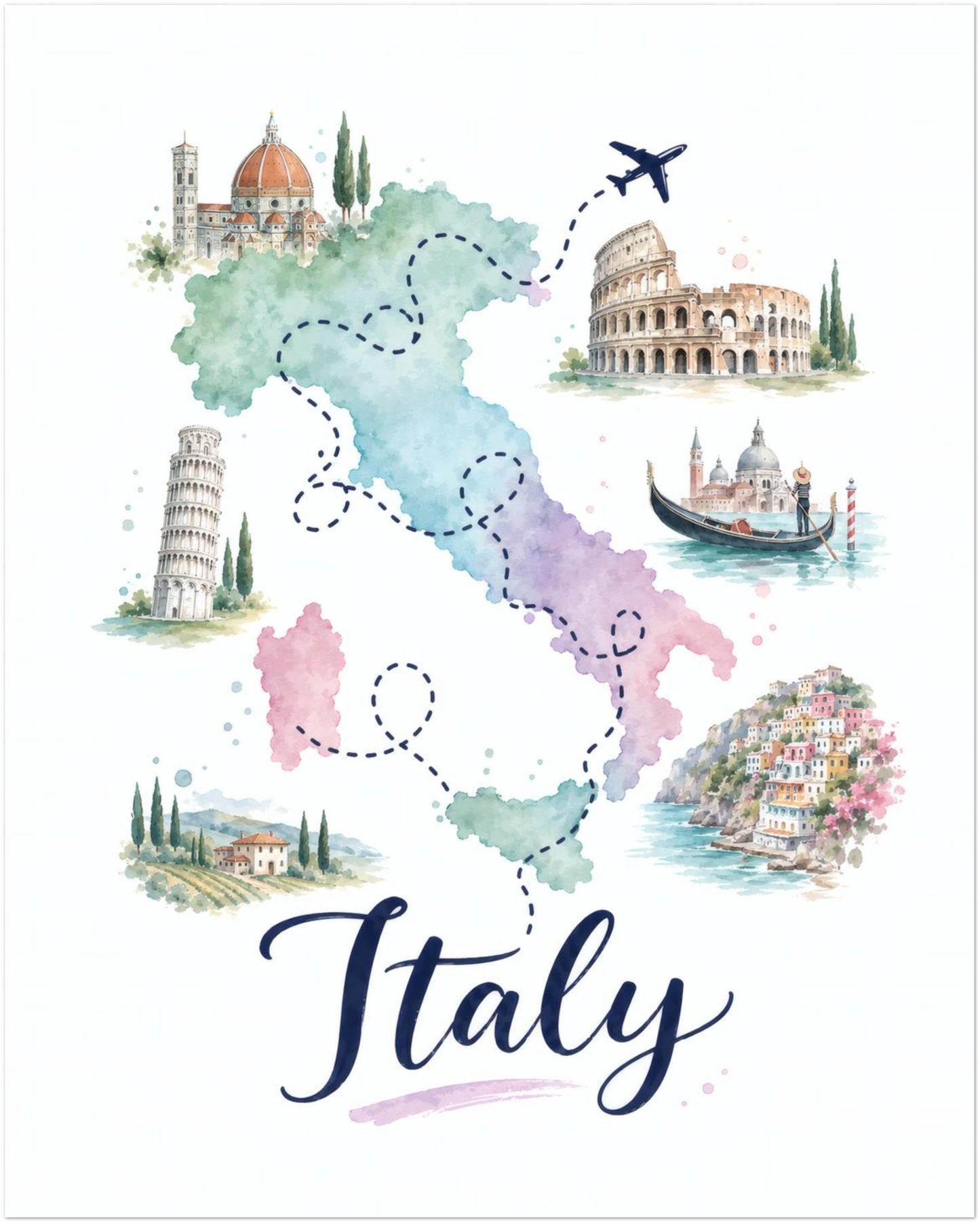 Unframed 8 x 10 inch Italy map poster with a soft pastel watercolour design. The map of Italy is divided into green, blue, pink and purple regions, with dotted travel routes, a small aeroplane and hand-painted landmarks around the country. Large navy Italy lettering completes the colourful Italian travel wall art.