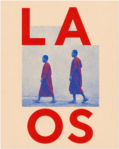 8 x 10 inch unframed Laos monk art print showing two Buddhist monks walking beneath oversized red LAOS lettering, with blue halftone texture and a warm cream background.