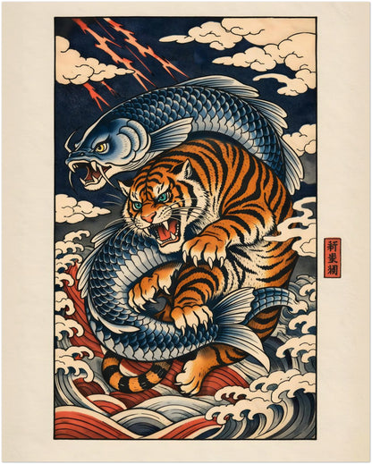 8x10 inch unframed Japanese tiger and koi art poster featuring a compact vertical design of a fierce striped tiger and flowing blue koi surrounded by stylised waves. Inspired by traditional ukiyo-e woodblock prints, the bold indigo and rust palette contrasts with the cream background, creating vibrant wildlife wall décor for small frames.