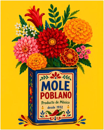 Unframed 8 x 10 inch Mexican wall art print with a bright yellow background, colourful flower bouquet and blue vintage-style mole poblano tin. Red, pink, orange and white blooms surround the traditional food packaging, creating bold Mexico-inspired kitchen decor for cooking spaces, dining areas and gallery walls.