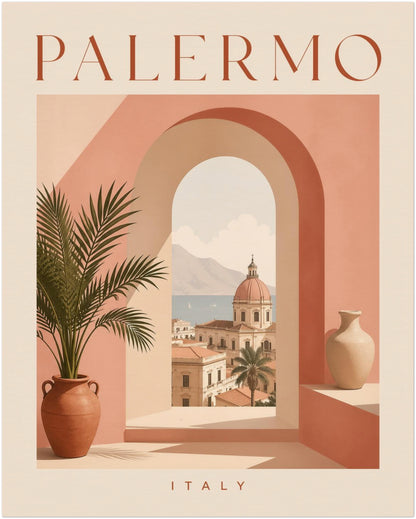 Unframed 8 x 10 inch Palermo Italy travel poster in soft peach, terracotta and cream tones. The artwork features PALERMO lettering above a large Mediterranean arch, a potted palm and a sunlit Sicilian city view, with ITALY printed below. A compact pastel wall print for kitchens, bedrooms, hallways and gallery walls.