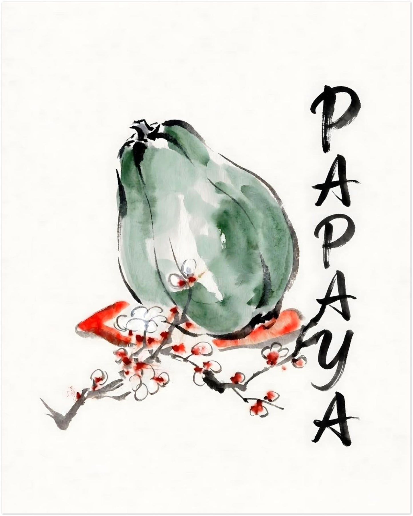 8x10 inch unframed papaya print displayed as a clean product image against a simple light background. The artwork shows a green papaya in loose watercolour with black ink style outlines, red and white blossom details, and vertical PAPAYA text. Minimal fruit wall art for kitchen decor, dining spaces, tropical botanical styling and modern interiors that need a simple but distinctive papaya art print.