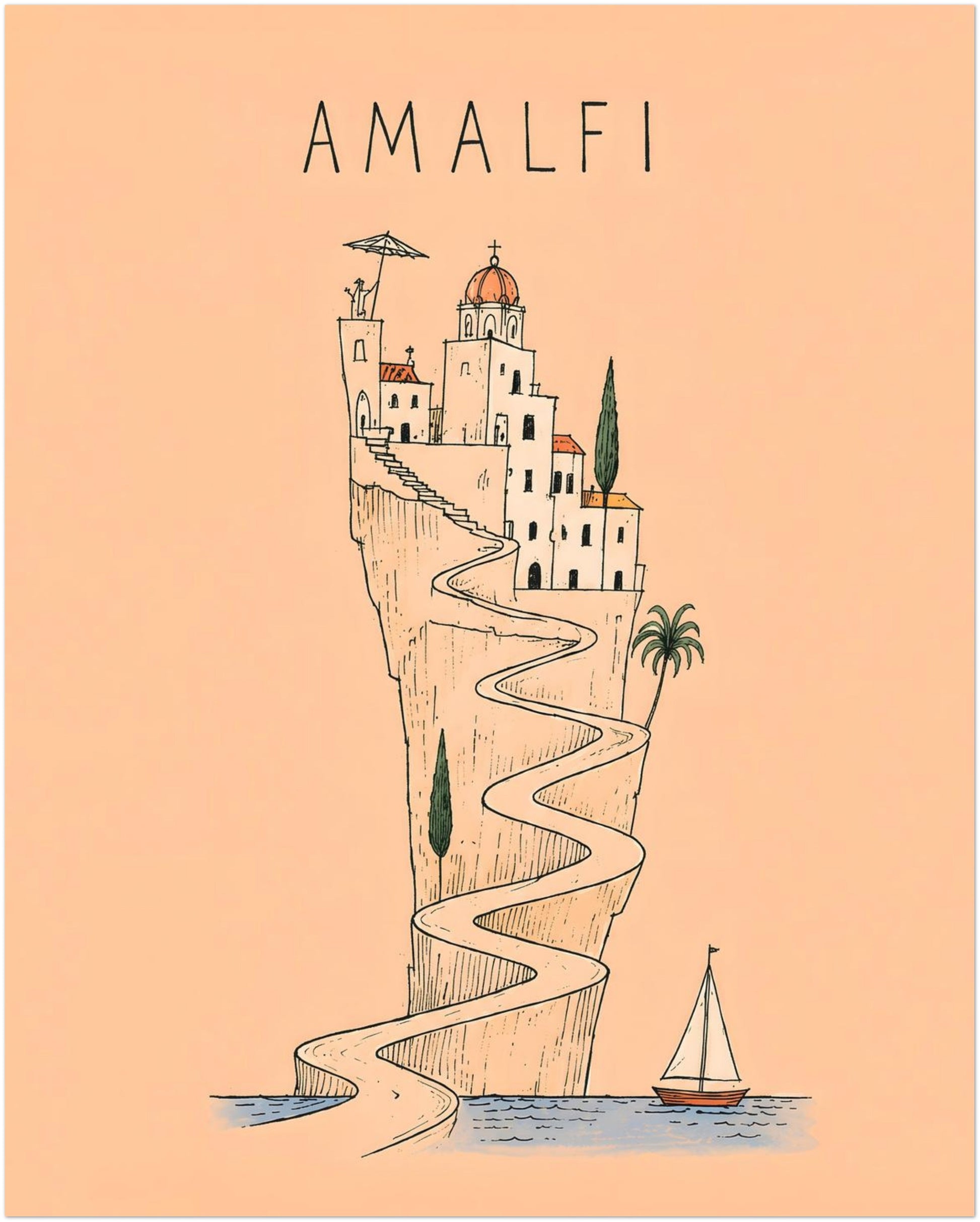 8 x 10 inch Amalfi Coast travel poster featuring a fine-line Italian cliffside village, winding coastal road, domed church, cypress trees and sailing boat on a warm peach background.