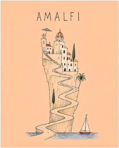 8 x 10 inch Amalfi Coast travel poster featuring a fine-line Italian cliffside village, winding coastal road, domed church, cypress trees and sailing boat on a warm peach background.