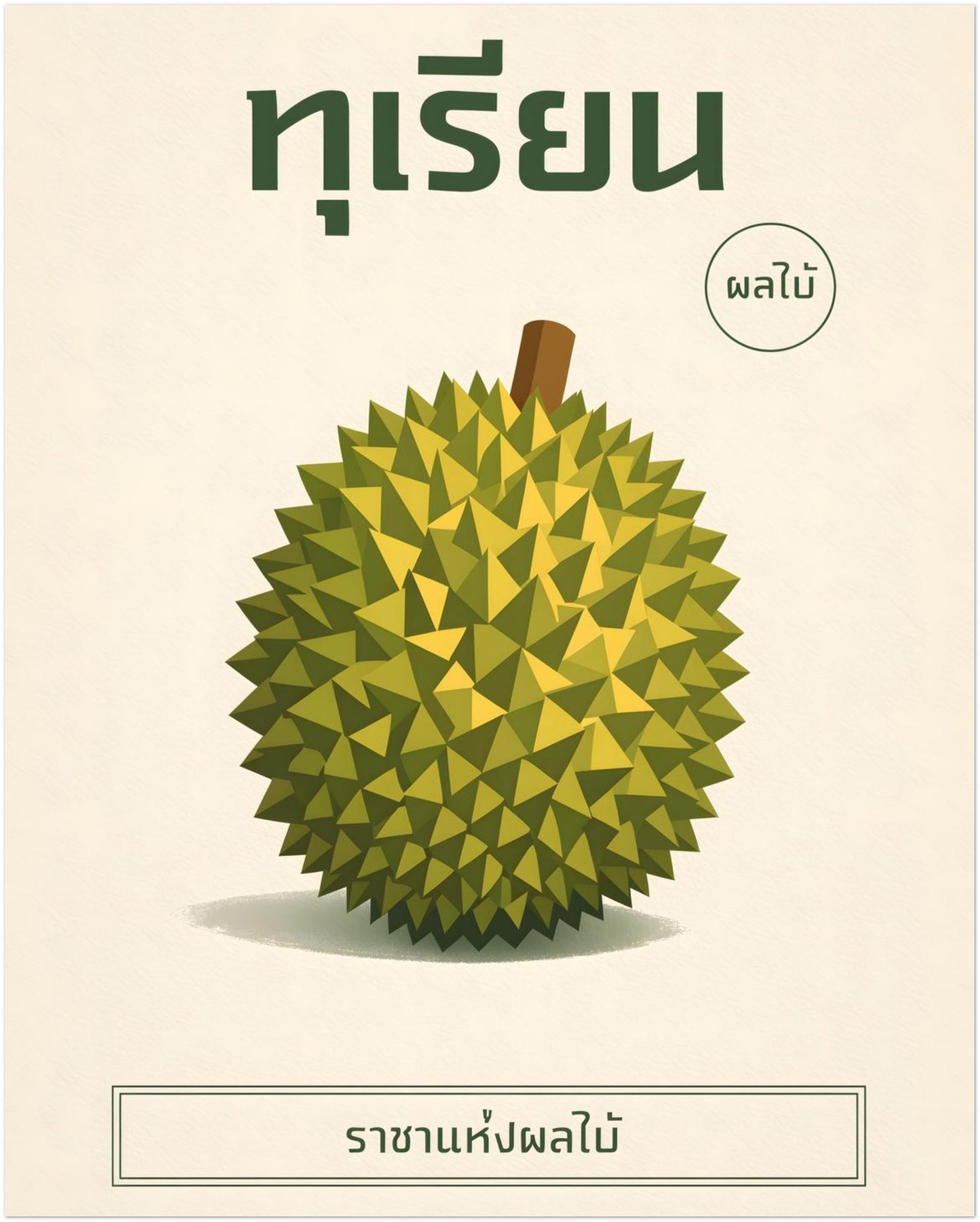 8x10 inch unframed minimalist durian Thai poster with a centred geometric durian illustration in layered green tones. Thai script title and understated lower text panel sit against a cream background. The small format provides compact botanical wall décor suitable for desks, shelves or small interior spaces.