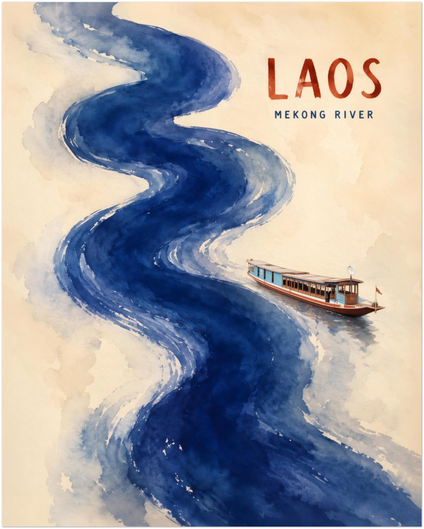 Unframed 8 x 10 inch Laos travel poster showing the Mekong River as a sweeping deep blue watercolour path on a warm cream background. A small traditional wooden boat moves along the river beneath red LAOS lettering and smaller MEKONG RIVER text. Vertical Southeast Asian wall art with loose painted texture and a calm minimalist layout.