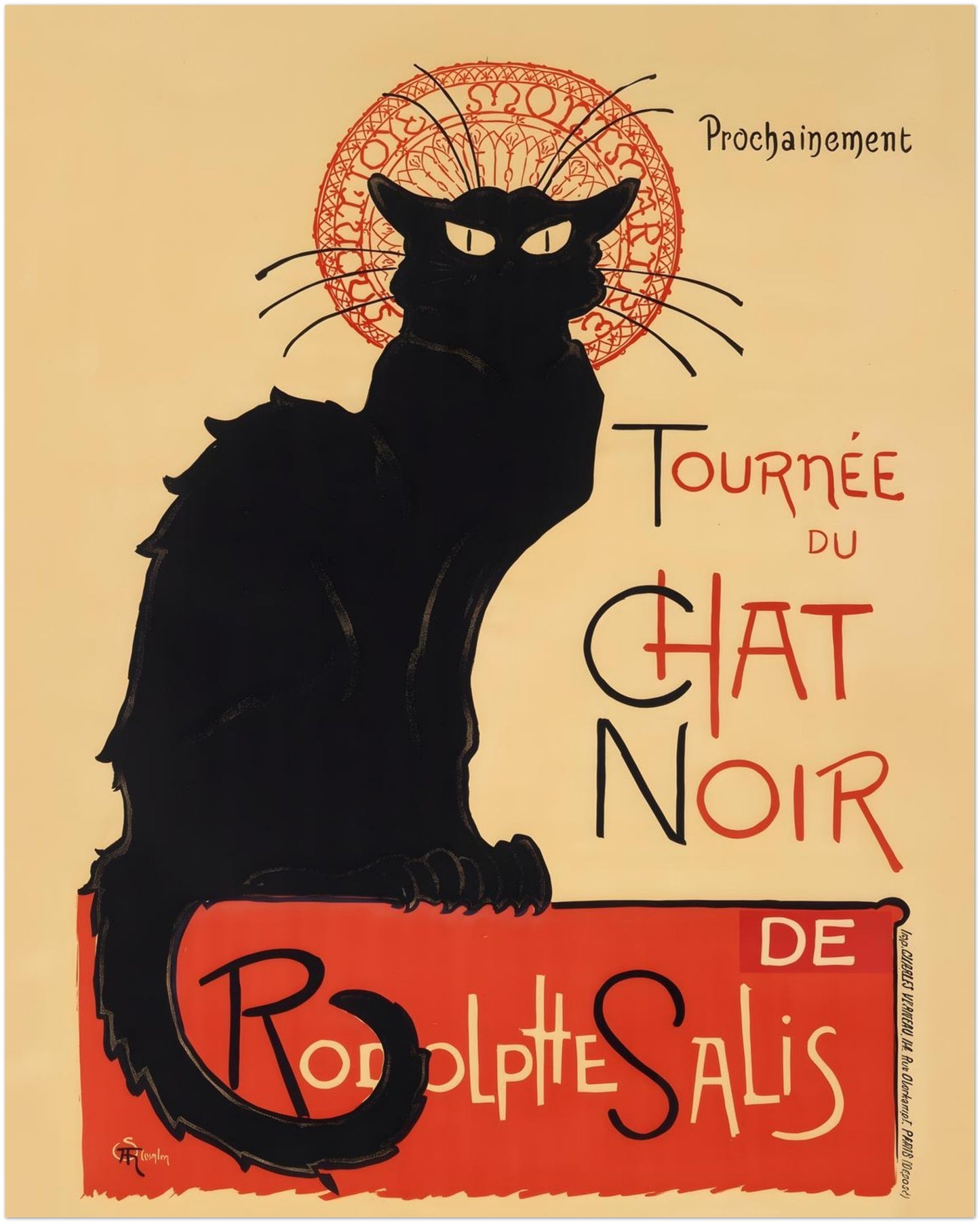 8x10 inch unframed Tournée du Chat Noir poster displaying the famous black cat design and red halo motif from 1896. This compact French Art Nouveau cabaret print is ideal for small frames, desk displays or layered gallery wall decor, offering classic Paris black cat wall art in a versatile size.