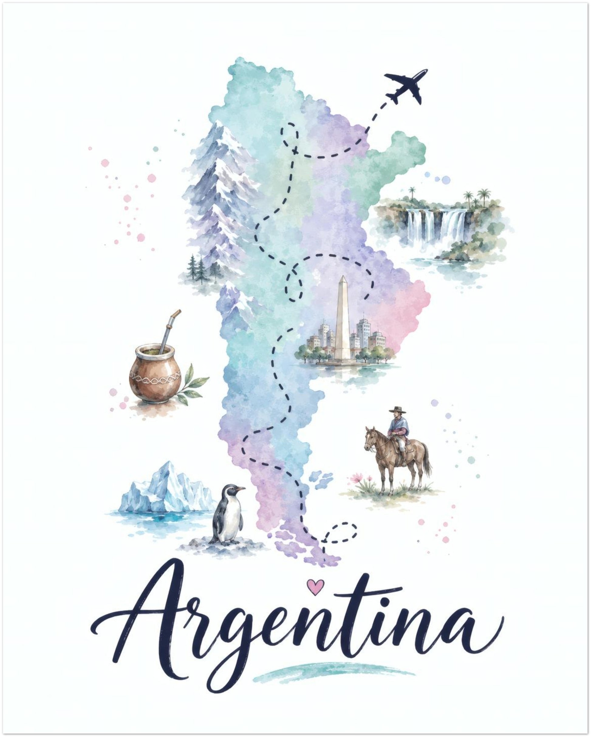 Unframed 8 x 10 inch Argentina map poster on a clean white background. The vertical artwork features a softly painted map in pale blue, green and lilac, surrounded by small illustrated travel, wildlife and cultural details, including an aeroplane above the country. Flowing handwritten Argentina lettering finishes the South America wall art design.