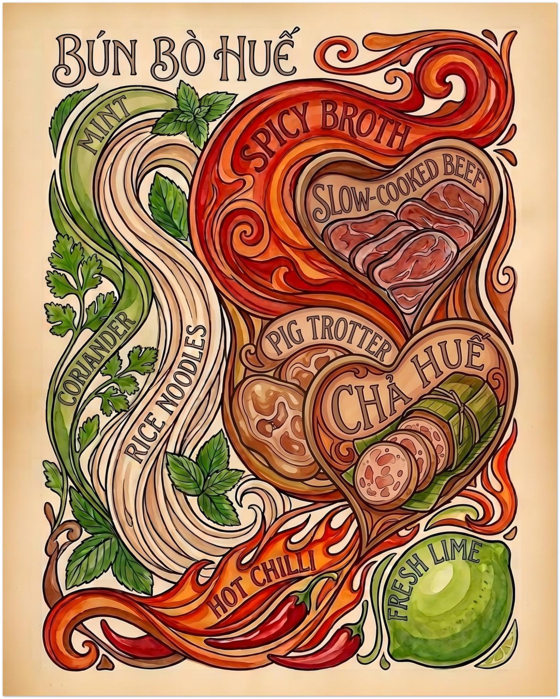 8x10 unframed Bun Bo Hue poster showing a vintage Vietnamese food illustration with flowing rice noodles, chilli, lime, fresh herbs, slow-cooked beef, pig trotter and chả Huế sausage. A small kitchen print size for Vietnamese wall art, noodle soup decor, cafe styling or food wall art.