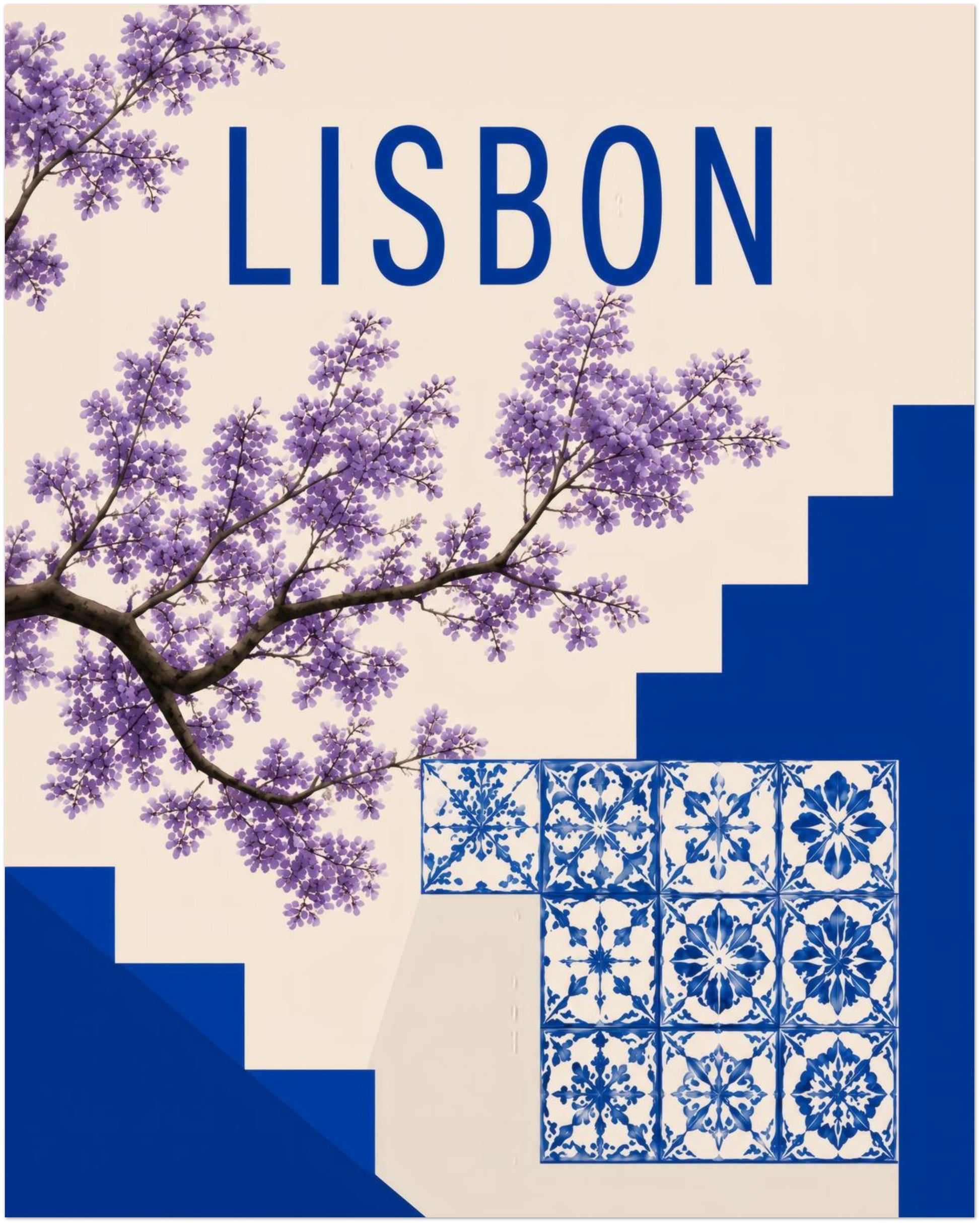 8x10 inch unframed Lisbon azulejo poster featuring blue and white Portuguese tile patterns, deep blue city steps, purple jacaranda flowers and simple Lisbon text on a soft cream background. A clean Portugal travel print for small frames, gallery walls, hallway decor or blue wall art.