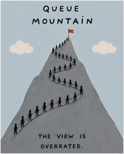 8x10 inch unframed funny mountain poster with a grey peak, tiny hikers queuing up a winding trail, soft blue sky, cream clouds and the words “Queue Mountain” and “The view is overrated”. A dry humour hiking print for travel lovers, walkers and outdoorsy wall decor.