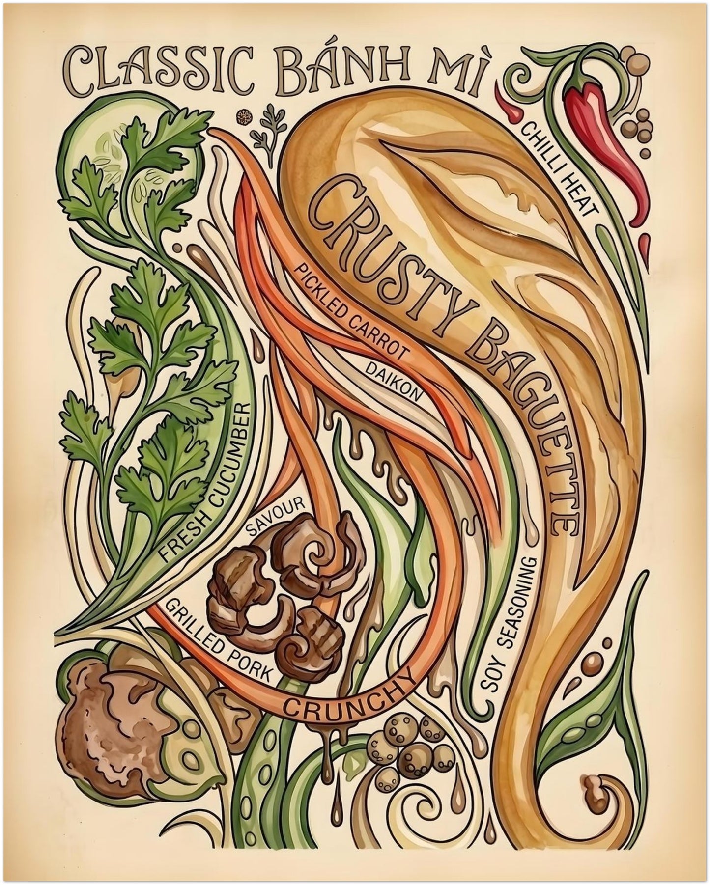 8x10 inch unframed Banh Mi recipe poster showing a vintage Vietnamese street food illustration with crusty baguette, chilli, coriander, cucumber, pickled carrot, daikon and grilled pork. A small food print size for kitchen wall art, café décor, dining rooms and foodie gallery walls.