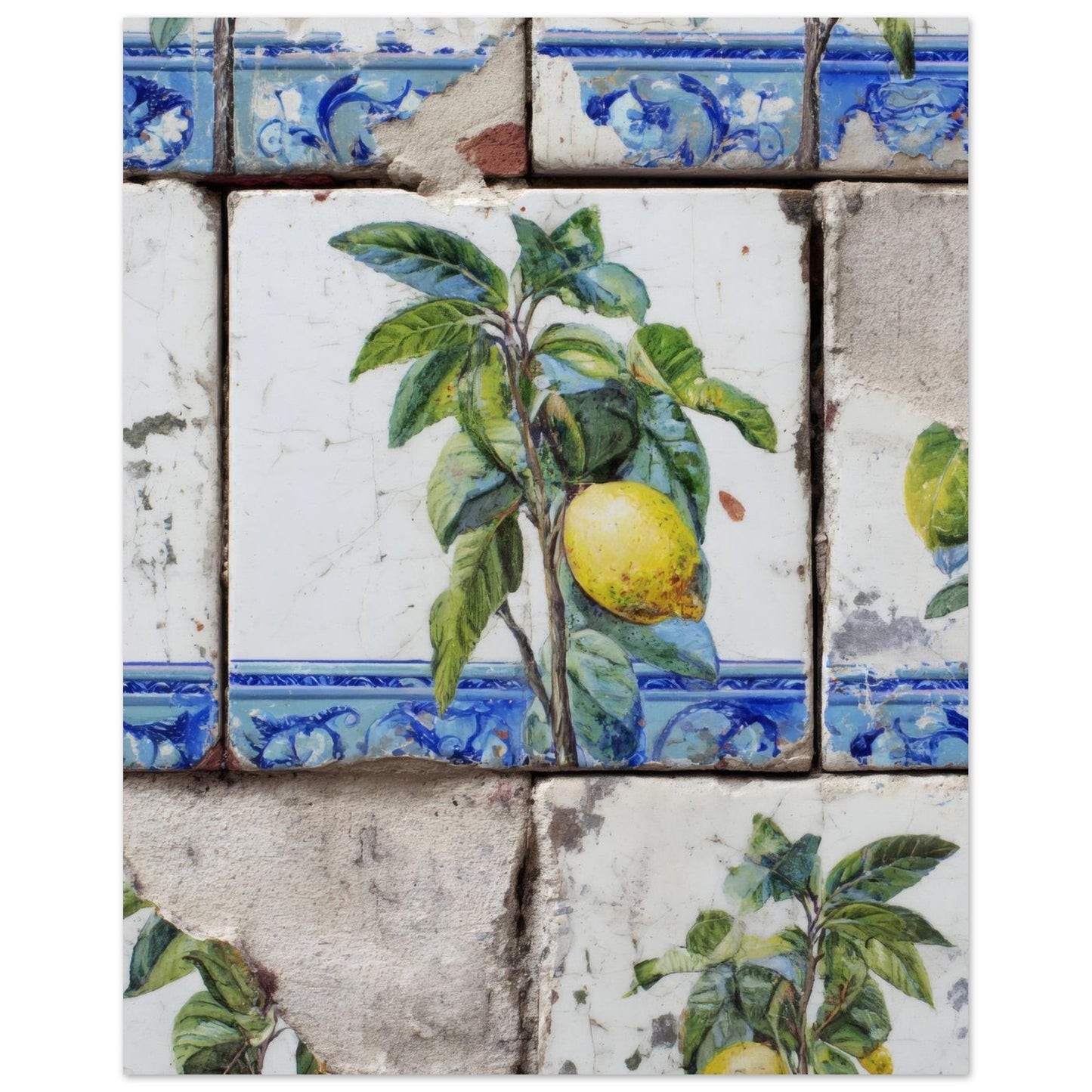 Unframed 8×10" lemon azulejo tile art print displayed on a white background, highlighting Mediterranean ceramic styling, blue tile borders and the artwork’s proportions at this size.