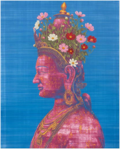Unframed 8×10 inch Pink Tara Buddhist wall art print displayed on a plain white background, highlighting the serene deity portrait, floral headdress details, symbolic elements and accurate artwork proportions at this size.